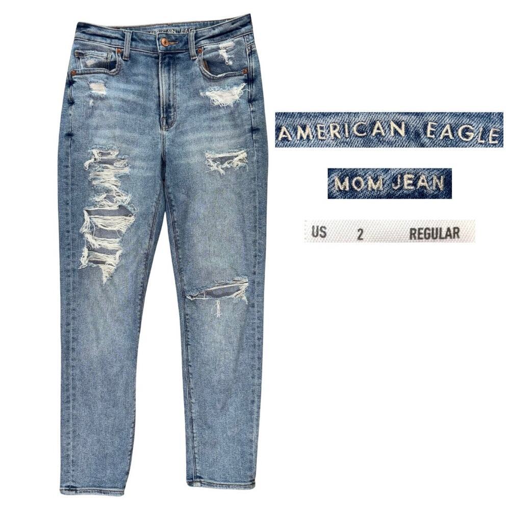 American Eagle Mom Jeans Light Wash Distressed Size 2 Regular Straight High Rise